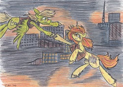 Size: 3425x2425 | Tagged: safe, artist:zubias, oc, oc only, oc:murky, oc:unity, pegasus, pony, unicorn, fallout equestria, fallout equestria: murky number seven, high res, traditional art