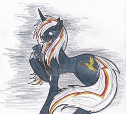 Size: 2451x2217 | Tagged: safe, artist:zubias, oc, oc only, oc:velvet remedy, pony, unicorn, fallout equestria, fanfic, fanfic art, female, high res, horn, mare, microphone, simple background, solo, traditional art, white background