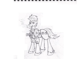 Size: 1280x987 | Tagged: safe, artist:zubias, oc, oc only, fallout equestria, monochrome, sketch, solo, traditional art