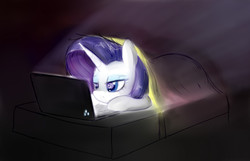 Size: 2000x1287 | Tagged: safe, artist:mcsadat, rarity, g4, bed, blanket, computer, customized toy, dark, decal, female, laptop computer, prone, solo