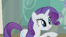 Size: 1280x720 | Tagged: safe, screencap, rarity, g4, rarity takes manehattan, season 4, animated, display case, female, flower, gesture, lidded eyes, mannequin, shop, shop window, solo