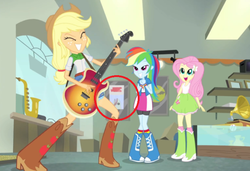 Size: 679x464 | Tagged: safe, screencap, applejack, fluttershy, rainbow dash, a case for the bass, equestria girls, g4, my little pony equestria girls: rainbow rocks, bass guitar, eyes closed, female, guitar, jaws, lidded eyes, musical instrument