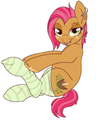 Size: 456x574 | Tagged: safe, artist:lulubell, babs seed, earth pony, pony, g4, alternate hairstyle, bedroom eyes, clothes, female, hooves, looking at you, older, piercing, simple background, socks, solo, striped socks, transparent background