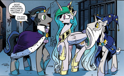 Size: 627x383 | Tagged: safe, idw, official comic, king sombra, princess celestia, star swirl the bearded, g4, spoiler:comic, good king sombra, open mouth, raised hoof, raised leg, reflections star swirl, surprised, wide eyes