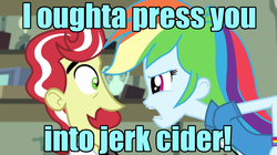 Size: 1280x716 | Tagged: safe, edit, edited screencap, screencap, flam, rainbow dash, a case for the bass, equestria girls, g4, my little pony equestria girls: rainbow rocks, the super speedy cider squeezy 6000, blue text, image macro, meme, text
