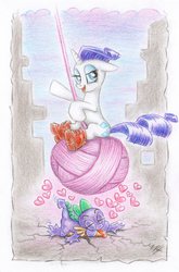 Size: 1347x2047 | Tagged: safe, artist:deathcutlet, rarity, spike, dragon, pony, unicorn, g4, boots, female, heart, male, ship:sparity, shipping, straight, traditional art, wrecking ball, yarn, yarn ball