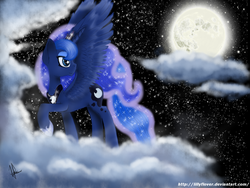 Size: 1024x768 | Tagged: safe, artist:lillyflover, princess luna, g4, cloud, cloudy, female, looking back, moon, night, solo