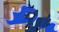Size: 854x467 | Tagged: dead source, safe, artist:mysticolt, princess luna, pony, g4, :p, cross-eyed, female, horses doing horse things, silly, silly pony, smiling, solo, spread wings, tongue out, youtube link