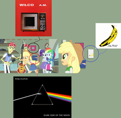 Size: 1667x1622 | Tagged: safe, applejack, flam, flim, rainbow dash, rarity, a case for the bass, equestria girls, g4, my little pony equestria girls: rainbow rocks, album, album cover, andy warhol, flim flam brothers, hipgnosis, pink floyd, the dark side of the moon, the velvet underground, the velvet underground & nico, wilco