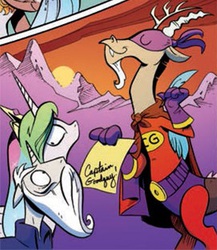 Size: 271x312 | Tagged: safe, artist:andy price, idw, official comic, princess celestia, star swirl the bearded, g4, spoiler:comic, spoiler:comic19, captain goodguy, comic, reflections star swirl, sir discord