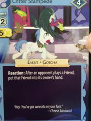Size: 768x1024 | Tagged: safe, enterplay, cheese sandwich, orion, shooting star (character), vulture, canterlot nights, g4, my little pony collectible card game, albuquerque, ccg, voice actor joke, weird al yankovic