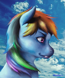 Size: 844x1000 | Tagged: safe, artist:madar13, rainbow dash, g4, detailed, eyes, female, hair, lacrimal caruncle, realistic, sky, solo