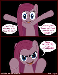 Size: 2550x3300 | Tagged: safe, artist:j5a4, pinkie pie, earth pony, pony, comic:party of one, g4, comic, comic sans, creepypasta, female, fourth wall, glare, happy, high res, leaning, looking at you, open mouth, pinkamena diane pie, smiling, solo, this will end in cupcakes, underhoof