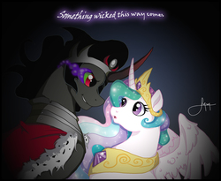 Size: 1343x1099 | Tagged: safe, artist:lynnwood, king sombra, princess celestia, g4, :o, eye contact, female, grin, horn, horns are touching, male, ray bradbury, ship:celestibra, shipping, smiling, something wicked this way comes, spread wings, straight