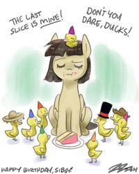 Size: 700x875 | Tagged: safe, artist:johnjoseco, wild fire, duck, g4, birthday, cake, duckling, eating, eyes closed, hat, messy eating, party hat, sibsy, sombrero, top hat