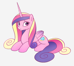 Size: 1083x967 | Tagged: safe, artist:mn27, princess cadance, alicorn, pony, g4, female, frown, looking at you, mare, missing accessory, princess sadance, prone, sad, simple background, solo, white background