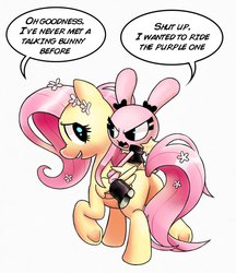 Size: 830x962 | Tagged: dead source, safe, artist:gatodelfuturo, fluttershy, oc, pegasus, pony, rabbit, g4, butt, duo, female, mare, non-mlp oc, plot