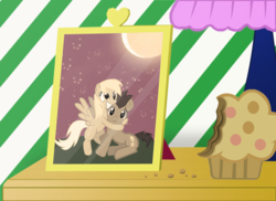 Size: 990x720 | Tagged: safe, artist:shwiggityshwah, derpy hooves, doctor whooves, time turner, pegasus, pony, g4, bedside, female, framed picture, male, mare, muffin, ship:doctorderpy, shipping, straight