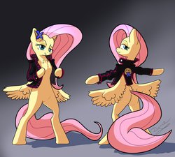 Size: 942x848 | Tagged: safe, fluttershy, pony, g4, bipedal, butt, chest fluff, clothes, female, flower, jacket, plot, solo