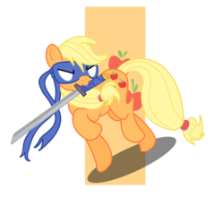 Size: 933x822 | Tagged: safe, artist:sylvesterkittycat, applejack, earth pony, pony, g4, crossover, female, leonardo, mouth hold, ninjato, solo, sword, teenage mutant ninja turtles, weapon