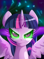 Size: 1500x2000 | Tagged: safe, artist:kyodashiro, twilight sparkle, alicorn, pony, g4, bust, corrupted, corrupted twilight sparkle, dark magic, female, magic, mare, solo, sombra eyes, spread wings, twilight sparkle (alicorn), tyrant sparkle, wings