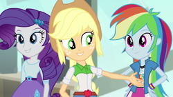 Size: 1366x768 | Tagged: safe, screencap, applejack, rainbow dash, rarity, a case for the bass, equestria girls, g4, my little pony equestria girls: rainbow rocks, female, grin, smiling