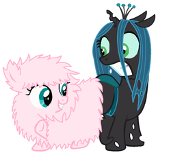 Size: 908x879 | Tagged: safe, artist:jcking101, edit, queen chrysalis, oc, oc:fluffle puff, changeling, changeling queen, nymph, pony, g4, base used, butt bump, butt to butt, butt touch, canon x oc, cute, cutealis, female, filly, filly fluffle puff, filly queen chrysalis, flufflebetes, grin, gritted teeth, lesbian, ocbetes, ship:chrysipuff, shipping, simple background, smiling, teeth, white background, younger