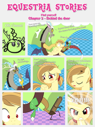 Size: 1800x2409 | Tagged: safe, artist:estories, discord, oc, oc:alice goldenfeather, draconequus, pegasus, pony, comic:find yourself, g4, angry, blushing, comic, door