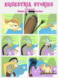 Size: 1800x2409 | Tagged: safe, artist:estories, discord, oc, oc:alice goldenfeather, draconequus, pegasus, pony, comic:find yourself, g4, comic, door, sweat, white flag