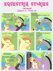 Size: 1800x2409 | Tagged: safe, artist:estories, discord, oc, oc:alice goldenfeather, draconequus, pegasus, pony, comic:find yourself, g4, comic, door, pun