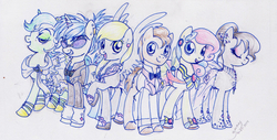 Size: 1234x628 | Tagged: safe, artist:pandan009, bon bon, derpy hooves, dj pon-3, doctor whooves, lyra heartstrings, octavia melody, sweetie drops, time turner, vinyl scratch, earth pony, pegasus, pony, unicorn, g4, background six, clothes, dress, female, gala dress, male, mare, stallion, traditional art