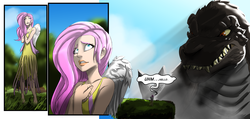Size: 2500x1191 | Tagged: safe, artist:smilingdogz, fluttershy, human, kaiju, g4, barefoot, comic, crossover, feet, godzilla, godzilla (series), godzillashy, humanized, monster, scared, size difference, winged humanization