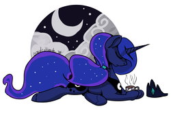 Size: 1280x846 | Tagged: safe, artist:blindcoyote, princess luna, alicorn, pony, lunadoodle, g4, alternate hairstyle, crescent moon, cup, eyes closed, female, mare, missing accessory, moon, mug, ponytail, prone, scrunchie, solo, underhoof