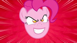 Size: 600x338 | Tagged: safe, edit, edited screencap, screencap, pinkie pie, g4, the last roundup, evil smile, female, inverted mouth, pinkie promise, pure unfiltered evil, smiling, solo