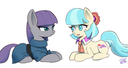 Size: 1024x546 | Tagged: safe, artist:grissaecrim, coco pommel, maud pie, g4, eye contact, open mouth, prone