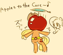 Size: 627x550 | Tagged: safe, artist:araraginatsuki, applejack, fluttershy, pony, g4, apple, bipedal, female, flutterbat, kamen rider, kamen rider gaim, pixiv, solo, that pony sure does love apples