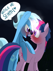 Size: 1200x1600 | Tagged: safe, artist:misspolycysticovary, trixie, twilight sparkle, pony, g4, bedroom eyes, blushing, boop, duo, dusk shine, eye contact, gay, horn, horns are touching, leaning, looking back, magic, male, noseboop, rule 63, senpai, ship:dusktan, ship:twixie, shipping, smiling, tristan, wide eyes