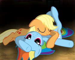 Size: 999x799 | Tagged: safe, artist:ponyecho, applejack, rainbow dash, earth pony, pony, g4, cuddling, female, lesbian, mare, ship:appledash, shipping, show accurate, sleeping, snuggling