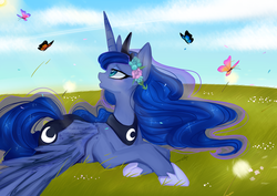 Size: 2912x2059 | Tagged: safe, artist:chokico, princess luna, alicorn, butterfly, pony, g4, chokico is trying to murder us, colored pupils, crown, cute, ethereal mane, female, flower, flower in hair, grass, high res, hoof shoes, jewelry, lunabetes, profile, prone, regalia, solo, starry mane, watermark