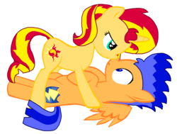 Size: 1160x876 | Tagged: safe, artist:iceagelover, flash sentry, sunset shimmer, pegasus, pony, unicorn, g4, bedroom eyes, boop, cute, eye contact, female, frown, gotcha, male, mare, noseboop, on back, on top, ship:flashimmer, shipping, simple background, smiling, spread wings, stallion, standing, wide eyes
