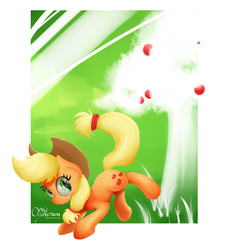 Size: 1650x1777 | Tagged: safe, artist:opticspectrum, applejack, earth pony, pony, g4, apple, apple tree, bucking, female, food, looking back, partial color, solo, tree