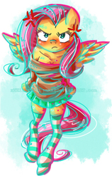 Size: 256x404 | Tagged: safe, artist:kikaru-studios, fluttershy, anthro, g4, angry, clothes, female, socks, solo, striped socks