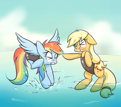 Size: 1700x1500 | Tagged: safe, artist:joycall6, applejack, rainbow dash, g4, ><, clothes, eyes closed, female, lesbian, one-piece swimsuit, ship:appledash, shipping, splashing, swimsuit, water