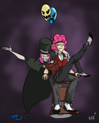 Size: 1326x1646 | Tagged: safe, artist:assassin-or-shadow, pinkie pie, human, g4, bondage furniture, dr jekyll, dr jekyll and mr hyde, duality, duo, humanized, mr hyde, pinkamena diane pie, tied up