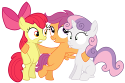 Size: 900x596 | Tagged: safe, artist:dasprid, artist:deadparrot22, apple bloom, scootaloo, sweetie belle, earth pony, pegasus, pony, unicorn, g4, belly, bipedal, bipedal leaning, cutie mark crusaders, female, filly, foal, group hug, hug, leaning, simple background, transparent background, vector