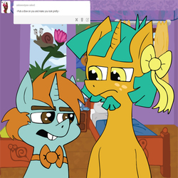 Size: 700x700 | Tagged: safe, artist:apartment2bmod, snails, snips, pony, snail, unicorn, ask adult snips and snails, g4, ask, beard, bed, bow, bowtie, duo, goatee, male, older, older snails, older snips, stallion, tumblr