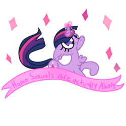 Size: 500x500 | Tagged: safe, artist:php10, twilight sparkle, alien, pony, unicorn, g4, chibi, ear fluff, false truth ponies, female, mare, mouthpiece, old banner, op is a duck, op is trying to start shit, out of character, parody, satire, simple background, solo, transparent background, unicorn twilight, wat