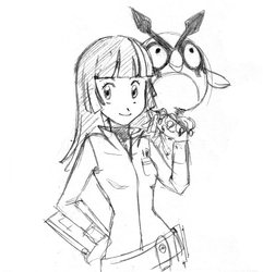 Size: 690x716 | Tagged: safe, artist:moondropstar, owlowiscious, twilight sparkle, hoothoot, human, g4, crossover, humanized, monochrome, pokémon