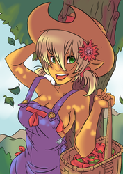 Size: 620x877 | Tagged: safe, artist:a-purple-pony, applejack, human, anthro, g4, ambiguous facial structure, breasts, busty applejack, cleavage, female, happy, hat, humanized, orange skin, overalls, pony coloring, shade, solo