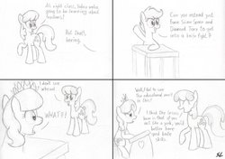 Size: 1064x750 | Tagged: safe, artist:schnitzellover, cheerilee, diamond tiara, scootaloo, g4, comic, desk, monochrome